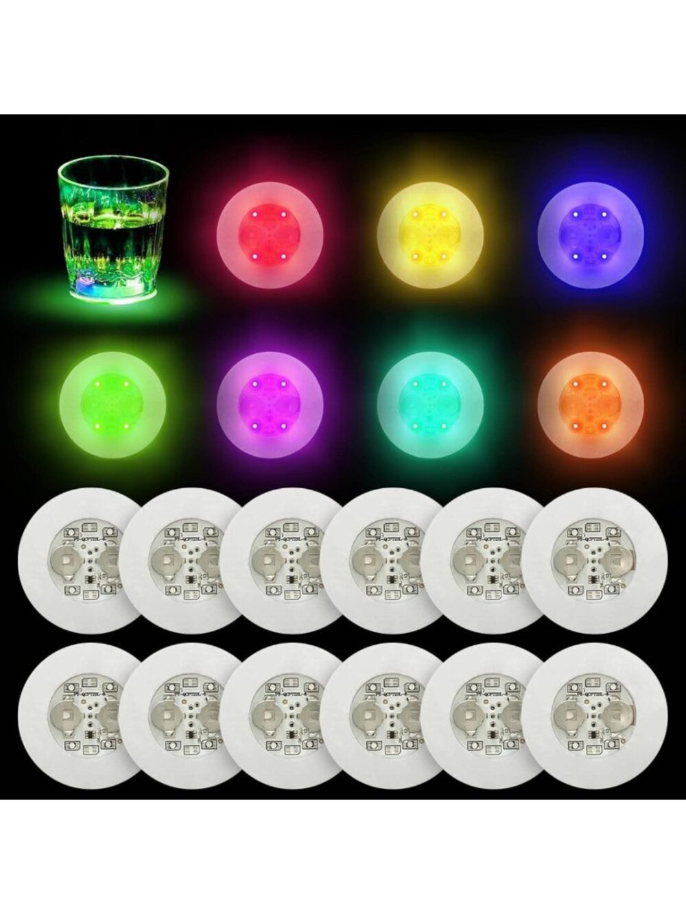 Colorful LED Coaster Discs - 12 Pack Light Up Drink Accessories, RGB Bottle